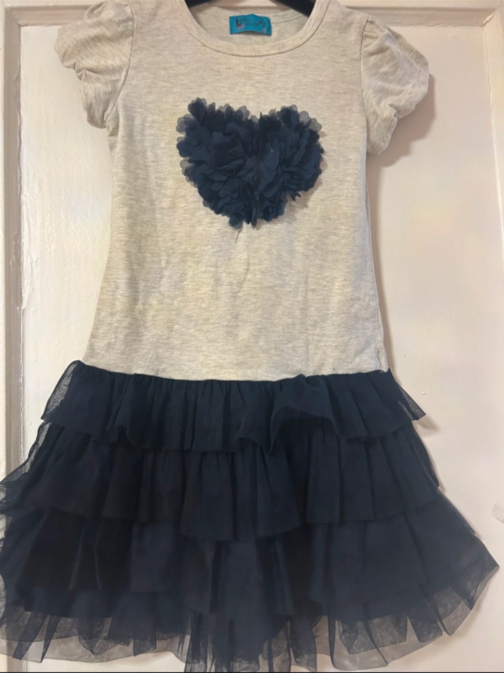 Miss Me Heather Gray Knit Dress with Navy Tulle Heart & Tiered Skirt